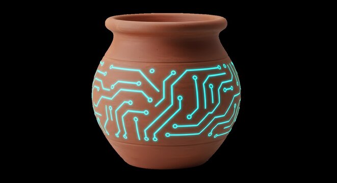 Digital circuit design on a terracotta pot illustration art - Powered by Adobe
