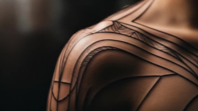 Close-up of a beautifully detailed tattoo design on a person's shoulder with soft lighting effects