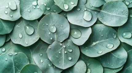 Closeup eucalyptus leaves with water droplets