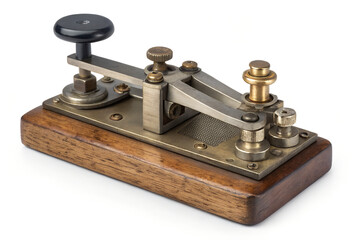 Morse telegraph key isolatd on white plain backgroun, vintage communication deice
