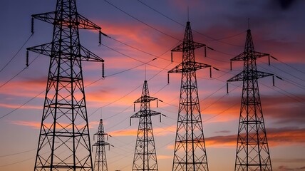 Silhouette of electricity pylons against a dramatic sunset sky