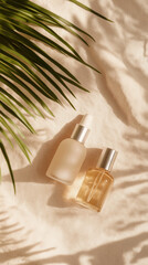 Minimalist Cosmetic Bottle Flat Lay with Palm Leaf Shadow and Copy Space on Pastel Beige Background