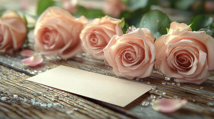 Soft pink roses are elegantly arranged in bouquet among sparkling jewels. blank note lies on rustic wooden surface creating romantic atmosphere perfect for special occasions.