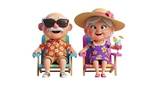 Happy senior couple enjoying tropical vacation with refreshing cocktails, relaxing on beach chairs, embracing retirement, vibrant and joyful leisure time