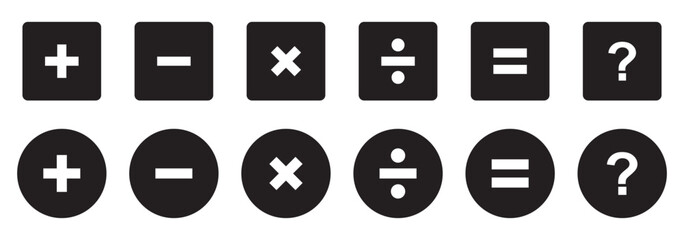 Plus, minus, multiply, divide and equal sign icon design set. Calculation and Mathematical sign symbol icon. Addition, subtraction, multiplication, division, equal sign, icon symbol.