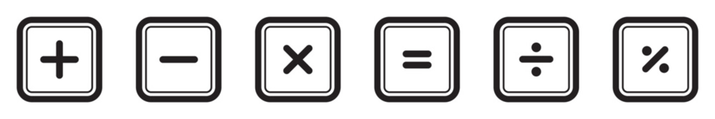 Obraz premium Plus, minus, multiply, divide and equal sign icon design set. Calculation and Mathematical sign symbol icon. Addition, subtraction, multiplication, division, equal sign, icon symbol.