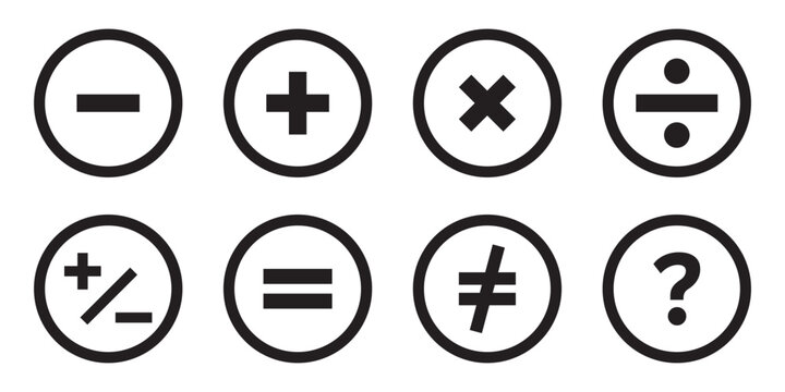 Plus and minus icon set. Math symbol. Plus icon, Minus icon, Multiply icon, Divide icon