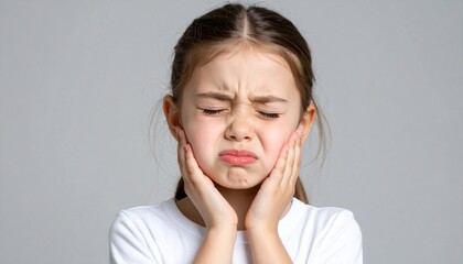 A young girl experiencing toothache discomfort with a painful face expression