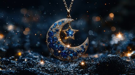 beautiful fine jewelry piece showcases moon and star design intricately crafted sparkling gemstones. celestial theme brings elegance and charm any attire.