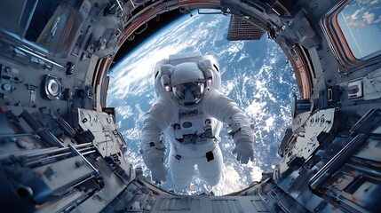 Astronaut floating outside a spacecraft with Earth view performing an extravehicular activity with complex spacesuit and life support