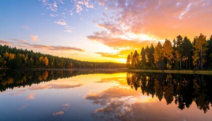 Obraz premium Idyllic lakeside landscape reflecting colorful sky at tranquil sunrise