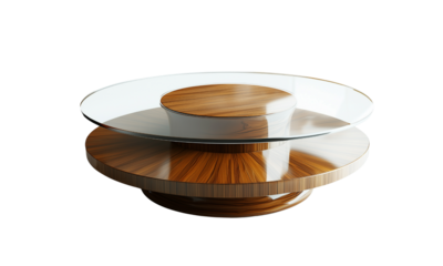 A modern, stylish coffee table featuring layered circular surfaces made of wood and glass.