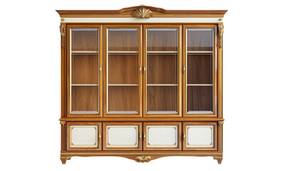 A classic wooden display cabinet featuring ornate details and glass doors, ideal for showcasing collectibles or decorative items.