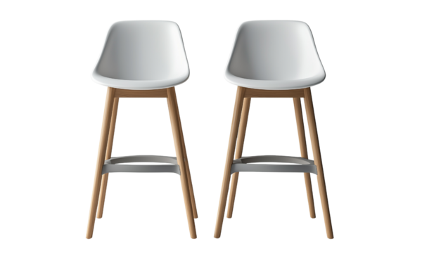 Two modern bar stools featuring sleek white seats and natural wooden legs, designed for contemporary spaces.