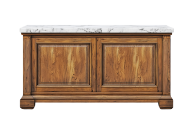 A stylish wooden cabinet with a marble top featuring two paneled doors, showcasing elegant craftsmanship.