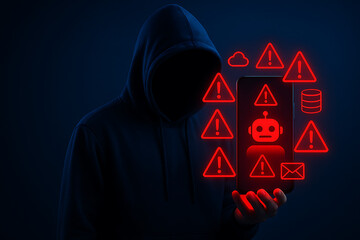 Cybercrime and digital security risk concept showing a hooded hacker holding a smartphone with red glowing warning signs and a menacing robot icon