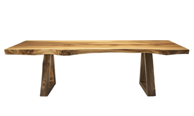 A stylish wooden table with a natural edge design, showcasing rich textures and grain patterns, supported by sturdy legs.