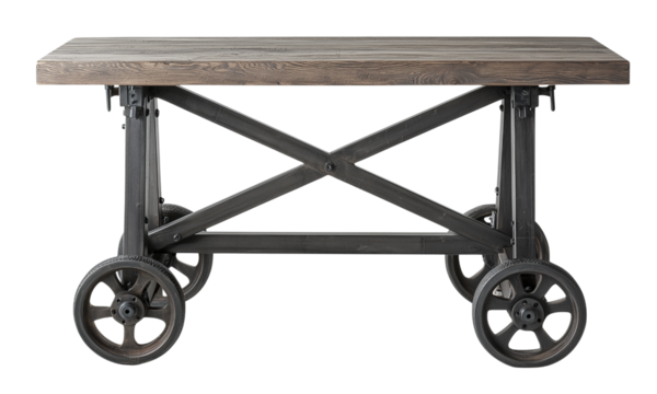 A vintage-style wooden table on wheels, featuring a sturdy design with a cross-braced frame and a rustic finish.