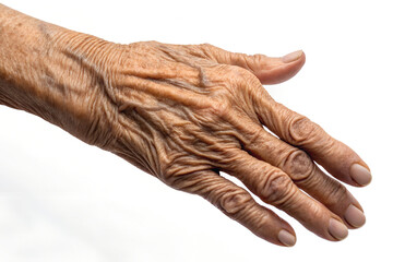 Fototapeta premium Elderly woman hand reaching out, knuckles and wrinkles visible, isolated on white background