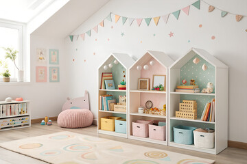 Stylish house-shaped shelves with toys for baby room interior