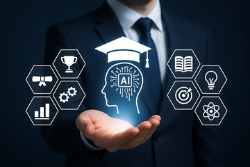 A man holds a digital projection of an AI brain in a graduation cap with icons representing various academic and technological fields for artificial intelligence education