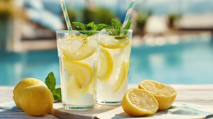 Fototapeta premium Refreshing lemonade glasses with lemons mint and striped straws Refreshment by a pool Perfect for summer days and quenching thirst