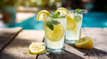 Refreshing lemonade with lemon slices and mint perfect for a summer day A healthy and delicious drink to beat the heat served chilled