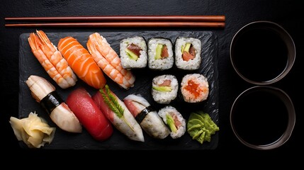 An assortment of sushi rolls and nigiri beautifully arranged on a stone plate served with soy sauce chopsticks and ginger