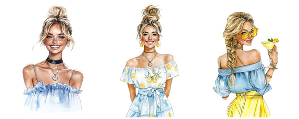 Summer Fashion Girls Clipart – Watercolor Blonde Women in Blue Dresses, Lemon Print, Cocktail, Beach Style Illustration