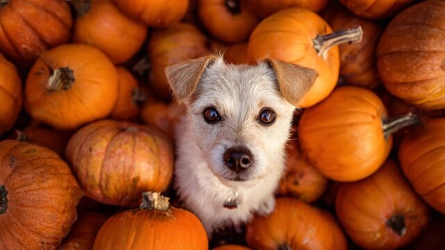 Cute dog surrounded by pumpkins, autumn harvest setting, fall season pet portrait, cozy Halloween atmosphere, festive outdoor decoration, rustic seasonal vibe