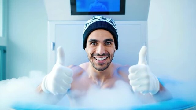 Man in cryotherapy chamber, cold therapy treatment, wellness recovery session, ice bath alternative, modern health technology, fitness recovery method
