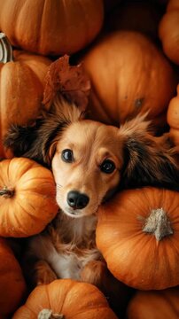 Cute dog surrounded by pumpkins, autumn harvest setting, fall season pet portrait, Halloween mood, cozy atmosphere, festive decoration, seasonal celebration