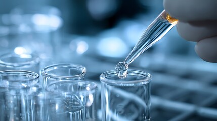 Close up of a pipette dispensing clear liquid into a test tube with additional tubes in the background against a soft blue backdrop