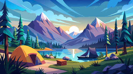 Serene camping experience by mountain lake, cozy tent resting under sunny sky, majestic peaks towering beyond, gentle breeze weaving silence, nature’s embrace offering comfort, tranquility flows endle