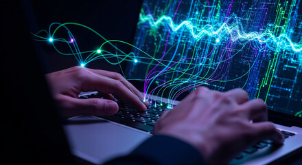 Hands typing on a laptop with abstract data visualization and glowing lines on the screen.