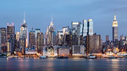 Obraz premium Skyline view of a vibrant city at dusk showcasing a cluster of illuminated skyscrapers against a darkening sky reflected in the waters below