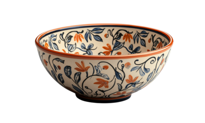 Hand-painted ceramic bowl with blue and orange floral motifs, red rim, and elegant curved shape