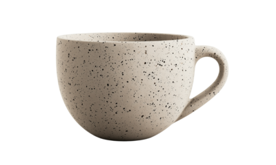Speckled stoneware mug with a rounded form and a comfortable handle