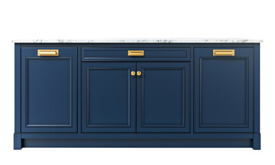 Elegant navy blue kitchen island cabinet with shaker-style doors, brass hardware, and a white marble countertop