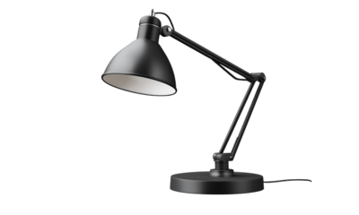 Matte black adjustable desk lamp with articulated arm, metal shade, and round weighted base for focused task lighting