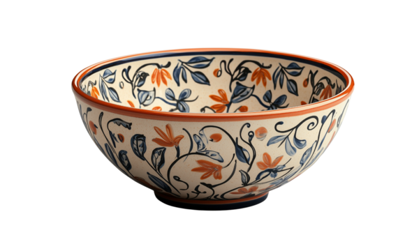 Hand-painted ceramic bowl with blue and orange floral motifs, red rim, and elegant curved shape