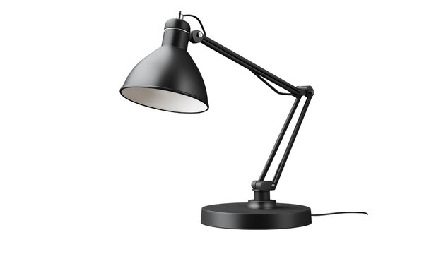 Matte black adjustable desk lamp with articulated arm, metal shade, and round weighted base for focused task lighting