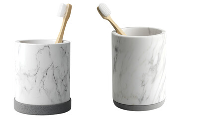 Two marble-patterned toothbrush holders with bamboo toothbrushes, cylindrical design with contrasting bases for a modern bathroom set