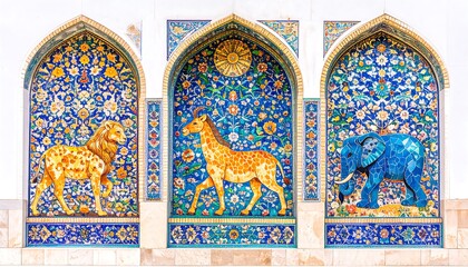 Intricate Islamic Tilework Panels Featuring a Lion, Deer, and Elephant in Arched Niches.