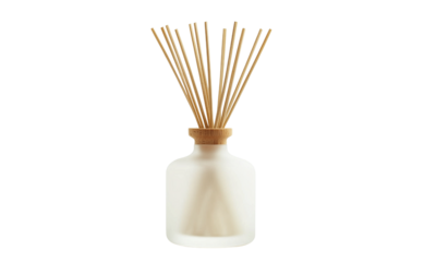 Frosted glass reed diffuser with wooden cap and natural rattan sticks for aromatherapy and home fragrance