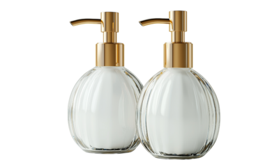 Two elegant glass pump bottles with gold dispensers, filled with white liquid lotion or soap; matching rounded design suitable for bathroom or vanity