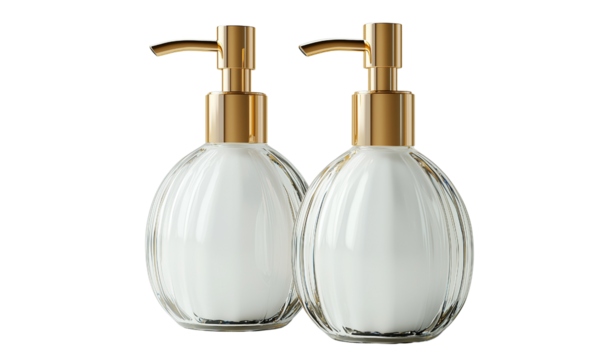 Two elegant glass pump bottles with gold dispensers, filled with white liquid lotion or soap; matching rounded design suitable for bathroom or vanity