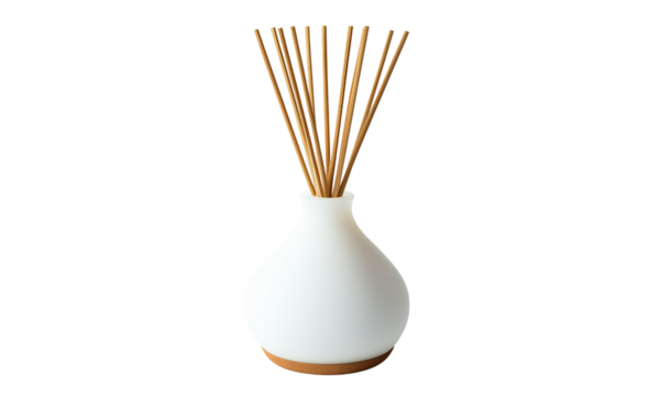 White ceramic reed diffuser with bamboo sticks, a minimalist rounded vessel for home fragrance and aromatherapy