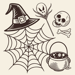 Hand sketched halloween clipart set with witch hat spiderweb skull and pot vector