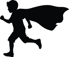 Silhouette of child running with cape, black and white vector, superhero pose, playful motion, childhood imagination, energetic movement, minimalist design